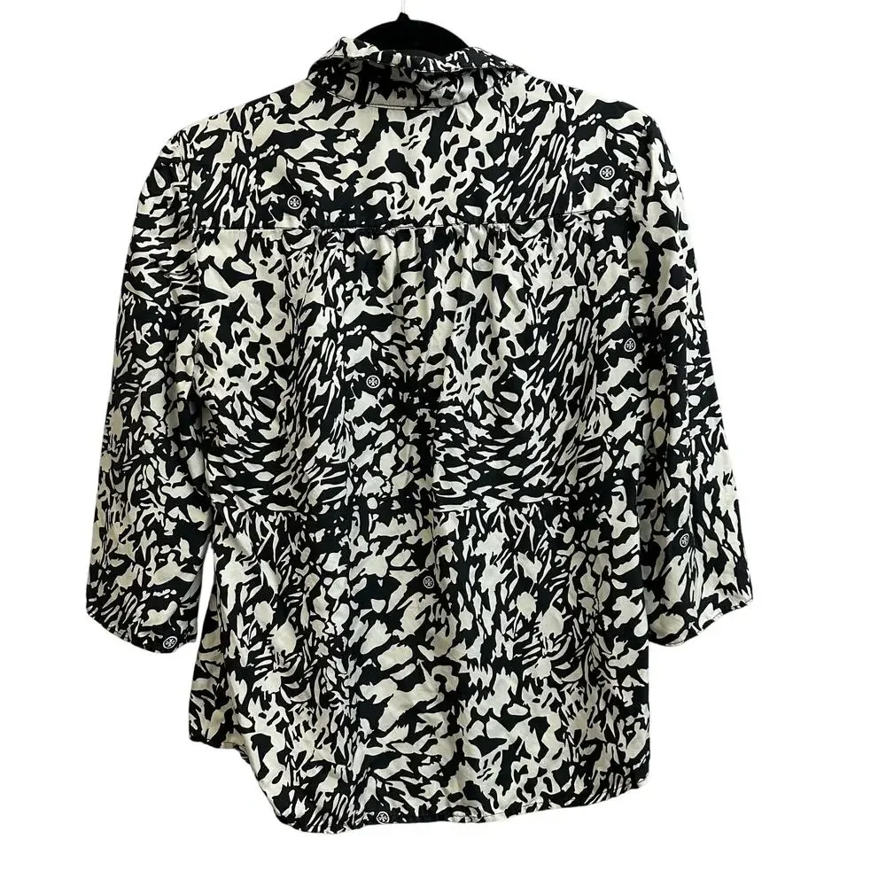Tory Burch Black & White 100% Silk Double T Logo Tunic Shirt Size 6